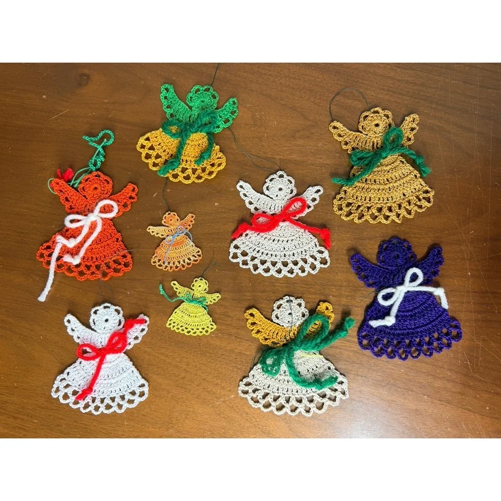 Set of 9 Crocheted Angel Ornaments 2 sizes‎ handmade